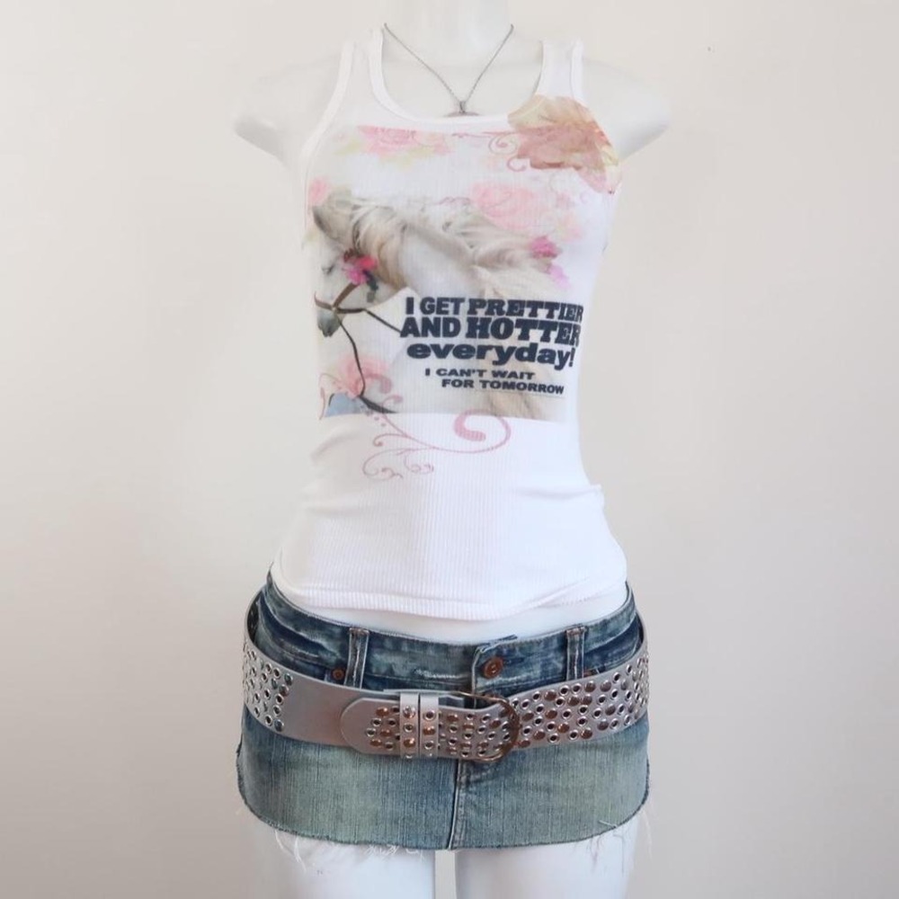 y2k horse graphic ribbed tank top fitted cami slogan - Picture 2 of 7